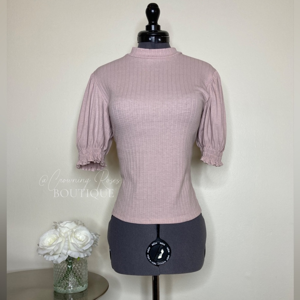 Large Soft Pastel Blush Pink Forever 21 Puff Sleeve Mock Neck Top Button Closure